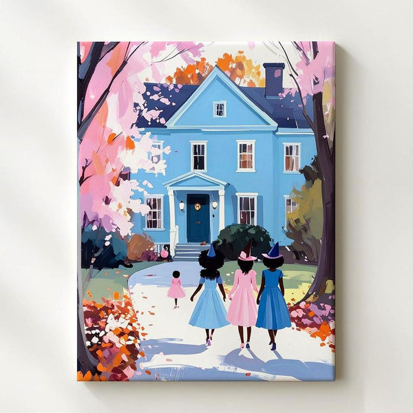 Pastel Witches Trick-or-Treat Canvas – Whimsical Halloween Storybook Art - Gifitto