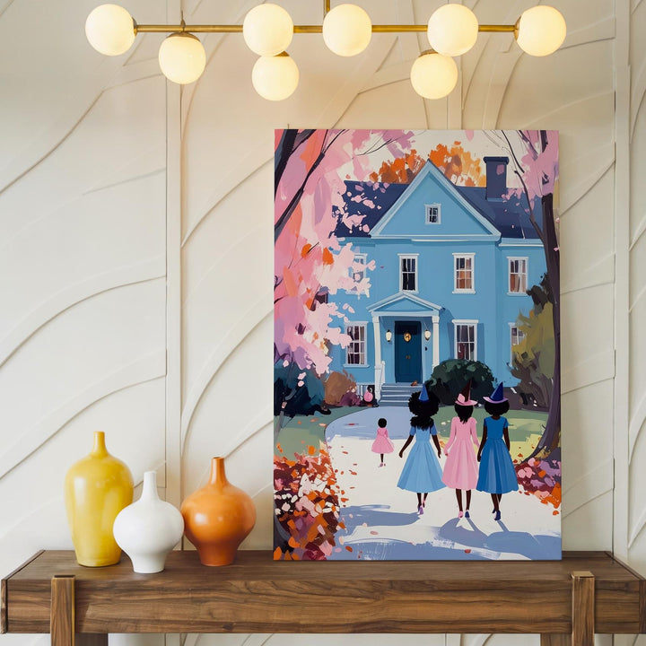 Pastel Witches Trick-or-Treat Canvas – Whimsical Halloween Storybook Art - Gifitto