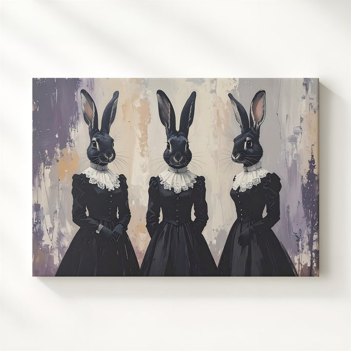 Victorian Rabbit-Head Trio Canvas – Surreal Halloween Masquerade Wall Art - Gifitto