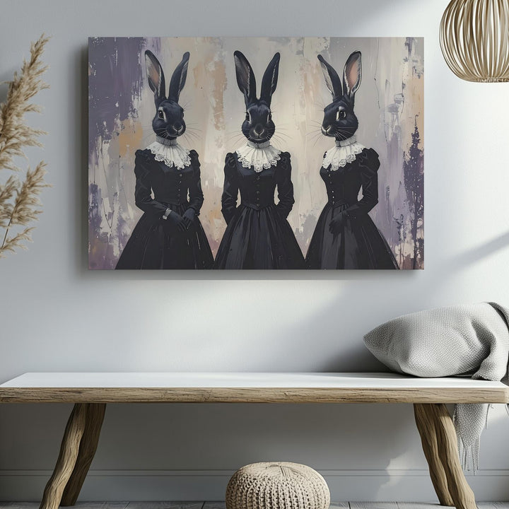 Victorian Rabbit-Head Trio Canvas – Surreal Halloween Masquerade Wall Art - Gifitto