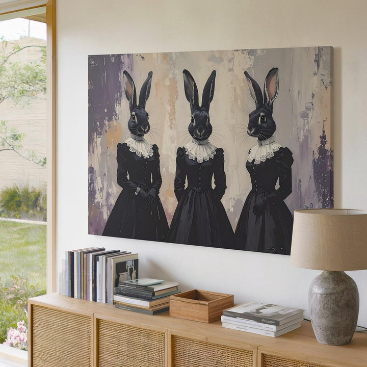 Victorian Rabbit-Head Trio Canvas – Surreal Halloween Masquerade Wall Art - Gifitto