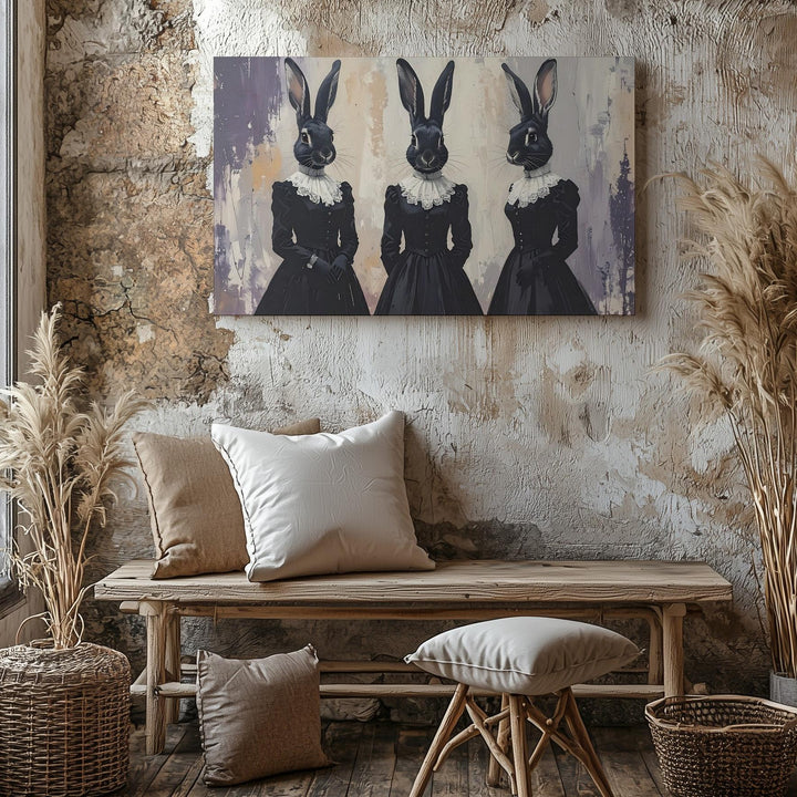 Victorian Rabbit-Head Trio Canvas – Surreal Halloween Masquerade Wall Art - Gifitto