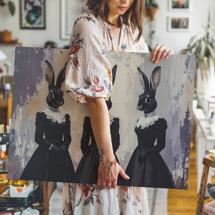 Victorian Rabbit-Head Trio Canvas – Surreal Halloween Masquerade Wall Art - Gifitto