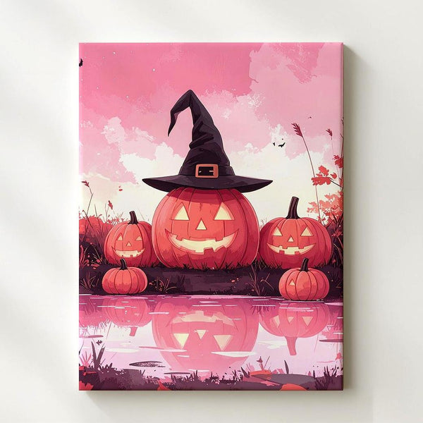 Witchy Jack-O’-Lantern Trio Canvas – Cute Halloween Art with Pink Lake Reflection - Gifitto