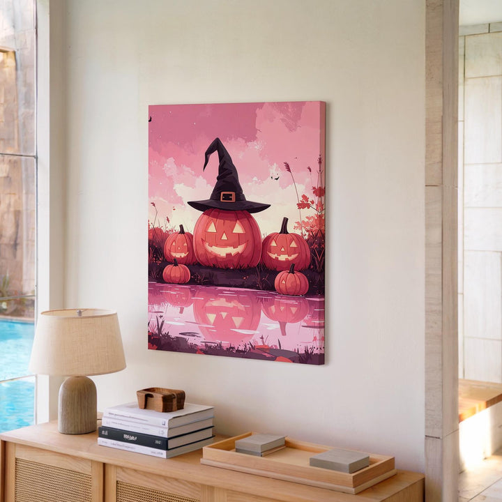 Witchy Jack-O’-Lantern Trio Canvas – Cute Halloween Art with Pink Lake Reflection - Gifitto