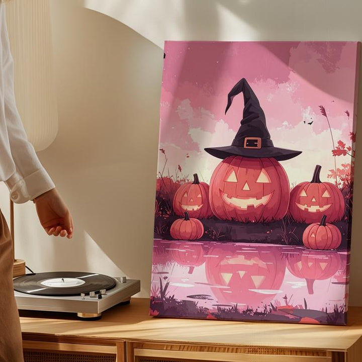 Witchy Jack-O’-Lantern Trio Canvas – Cute Halloween Art with Pink Lake Reflection - Gifitto