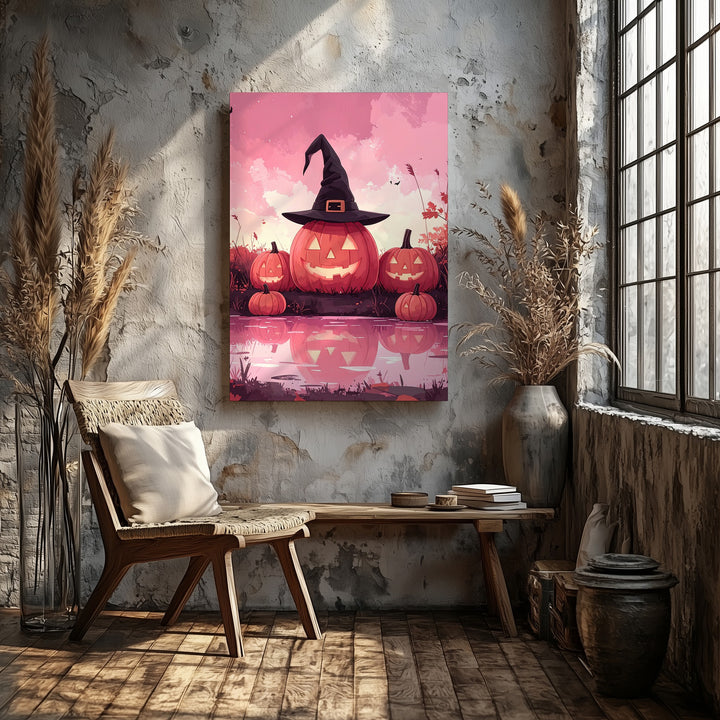 Witchy Jack-O’-Lantern Trio Canvas – Cute Halloween Art with Pink Lake Reflection - Gifitto