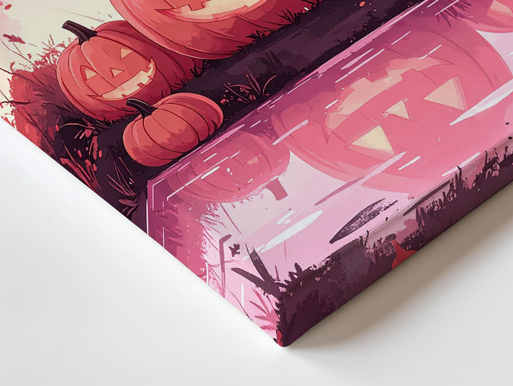 Witchy Jack-O’-Lantern Trio Canvas – Cute Halloween Art with Pink Lake Reflection - Gifitto