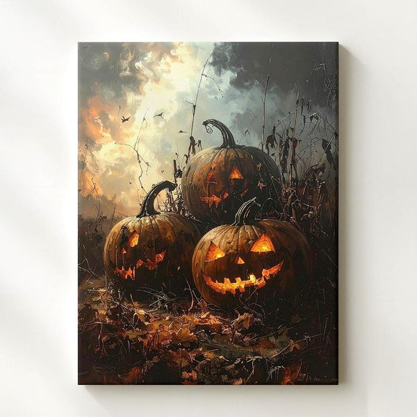Jack-O’-Lantern Trio in Burnt Field Canvas – Gothic Halloween Landscape Art - Gifitto