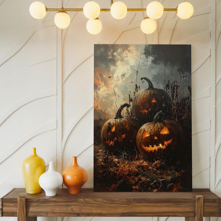 Jack-O’-Lantern Trio in Burnt Field Canvas – Gothic Halloween Landscape Art - Gifitto