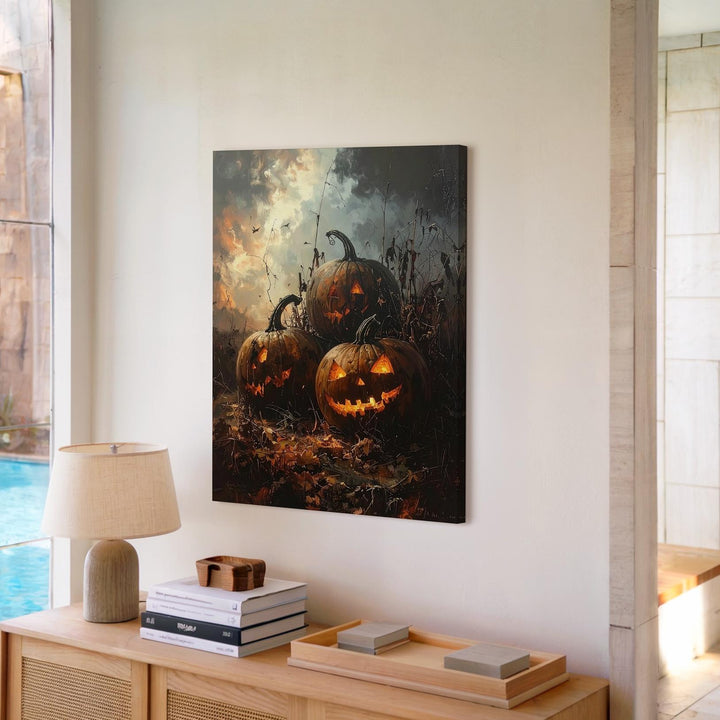 Jack-O’-Lantern Trio in Burnt Field Canvas – Gothic Halloween Landscape Art - Gifitto