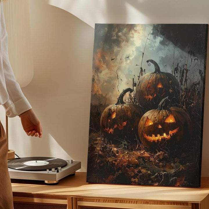 Jack-O’-Lantern Trio in Burnt Field Canvas – Gothic Halloween Landscape Art - Gifitto