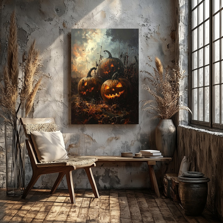 Jack-O’-Lantern Trio in Burnt Field Canvas – Gothic Halloween Landscape Art - Gifitto