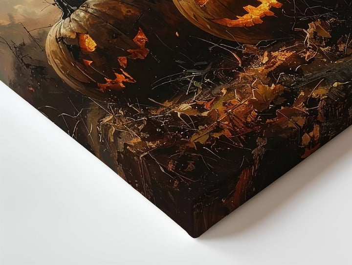 Jack-O’-Lantern Trio in Burnt Field Canvas – Gothic Halloween Landscape Art - Gifitto