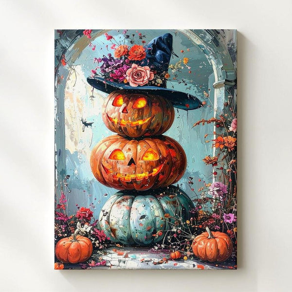 Stacked Pumpkin Glow Canvas – Soft White Hallway Halloween Wall Art - Gifitto