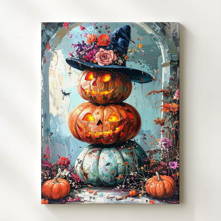 Stacked Pumpkin Glow Canvas – Soft White Hallway Halloween Wall Art - Gifitto