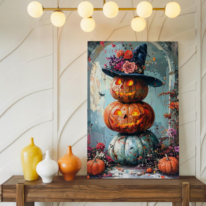 Stacked Pumpkin Glow Canvas – Soft White Hallway Halloween Wall Art - Gifitto