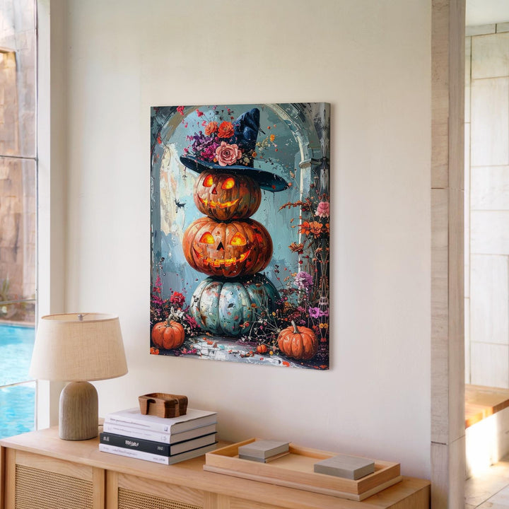 Stacked Pumpkin Glow Canvas – Soft White Hallway Halloween Wall Art - Gifitto