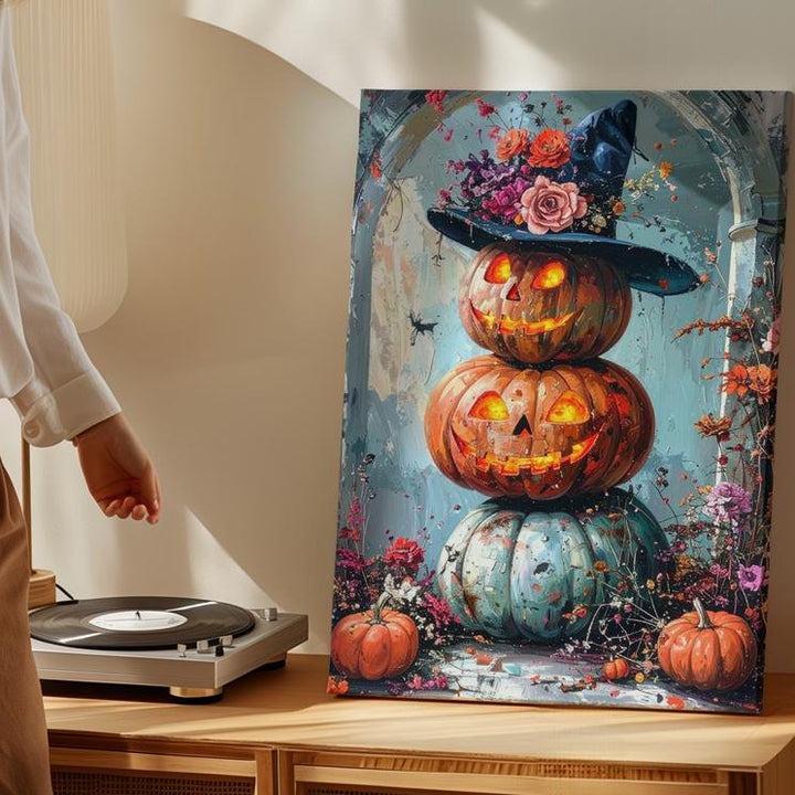 Stacked Pumpkin Glow Canvas – Soft White Hallway Halloween Wall Art - Gifitto