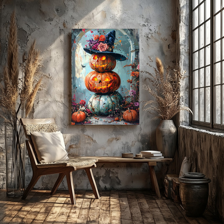 Stacked Pumpkin Glow Canvas – Soft White Hallway Halloween Wall Art - Gifitto