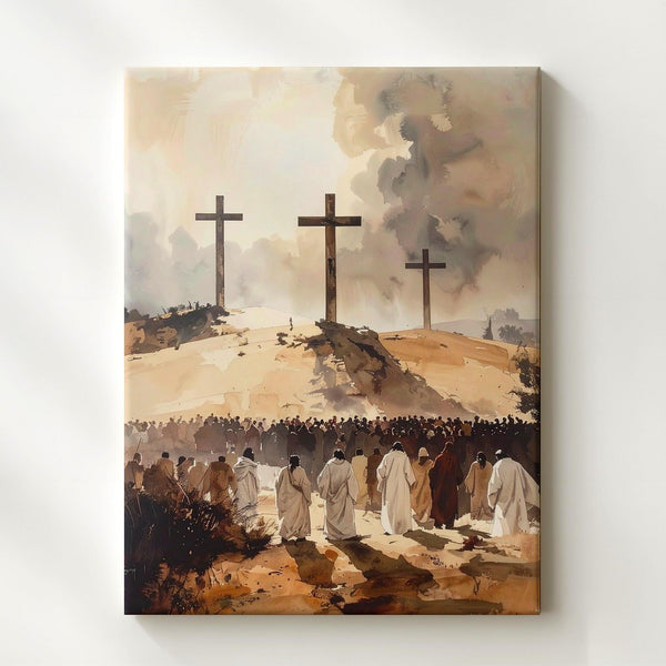 Three Crosses on Hilltop Canvas – Minimalist Crucifixion Scene with Crowd - Gifitto
