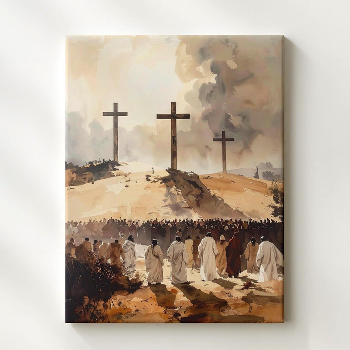 Three Crosses on Hilltop Canvas – Minimalist Crucifixion Scene with Crowd - Gifitto