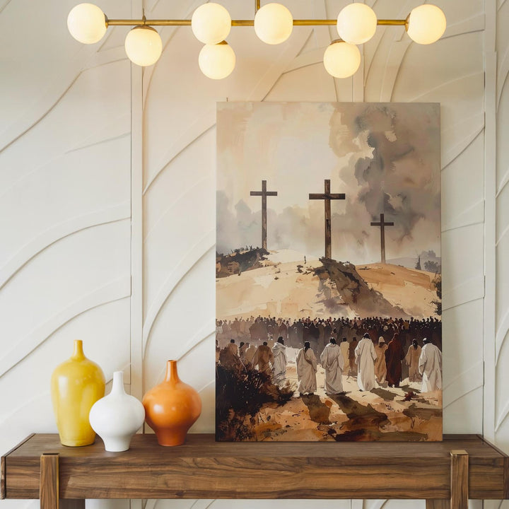 Three Crosses on Hilltop Canvas – Minimalist Crucifixion Scene with Crowd - Gifitto