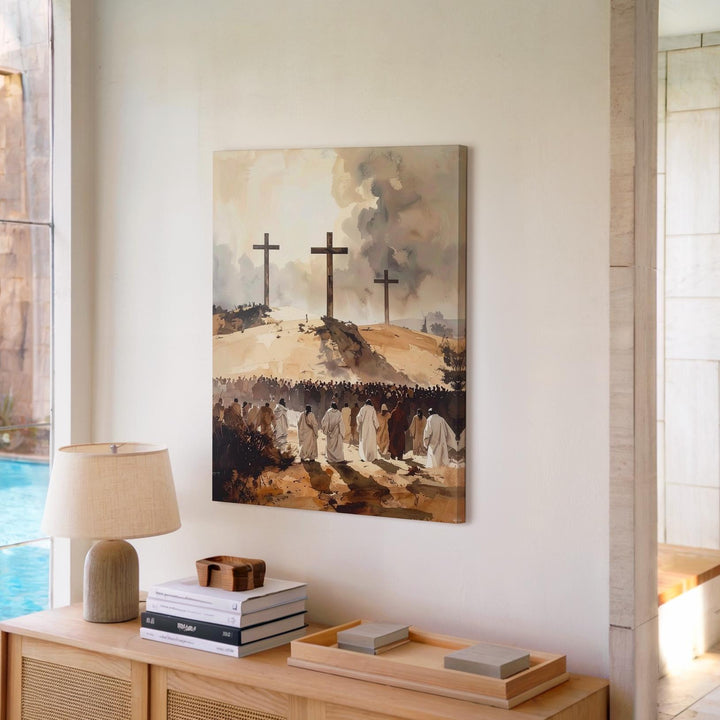 Three Crosses on Hilltop Canvas – Minimalist Crucifixion Scene with Crowd - Gifitto