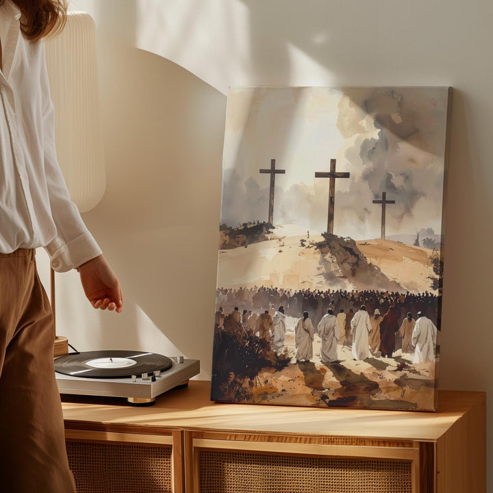 Three Crosses on Hilltop Canvas – Minimalist Crucifixion Scene with Crowd - Gifitto