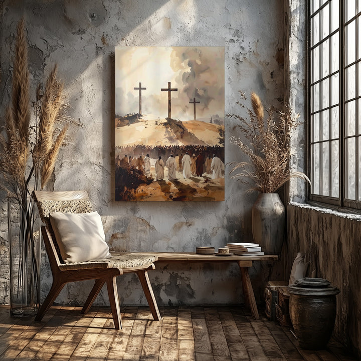 Three Crosses on Hilltop Canvas – Minimalist Crucifixion Scene with Crowd - Gifitto