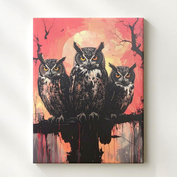 Ominous Owl Trio Canvas – Ink-Styled Haunting Halloween Wall Art - Gifitto