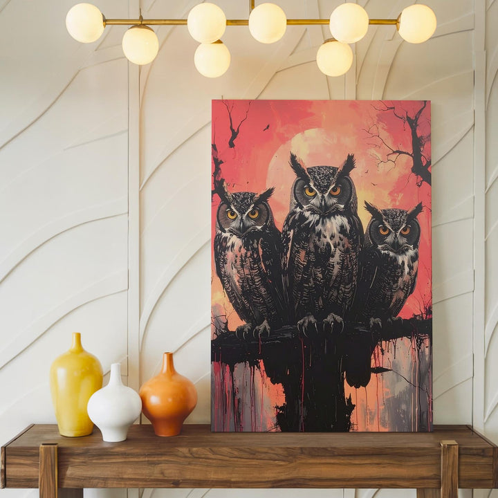 Ominous Owl Trio Canvas – Ink-Styled Haunting Halloween Wall Art - Gifitto