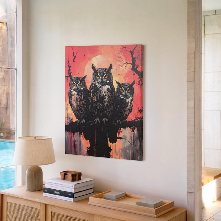 Ominous Owl Trio Canvas – Ink-Styled Haunting Halloween Wall Art - Gifitto