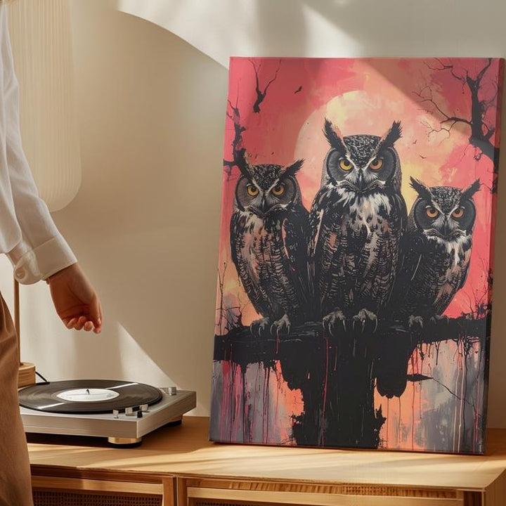 Ominous Owl Trio Canvas – Ink-Styled Haunting Halloween Wall Art - Gifitto