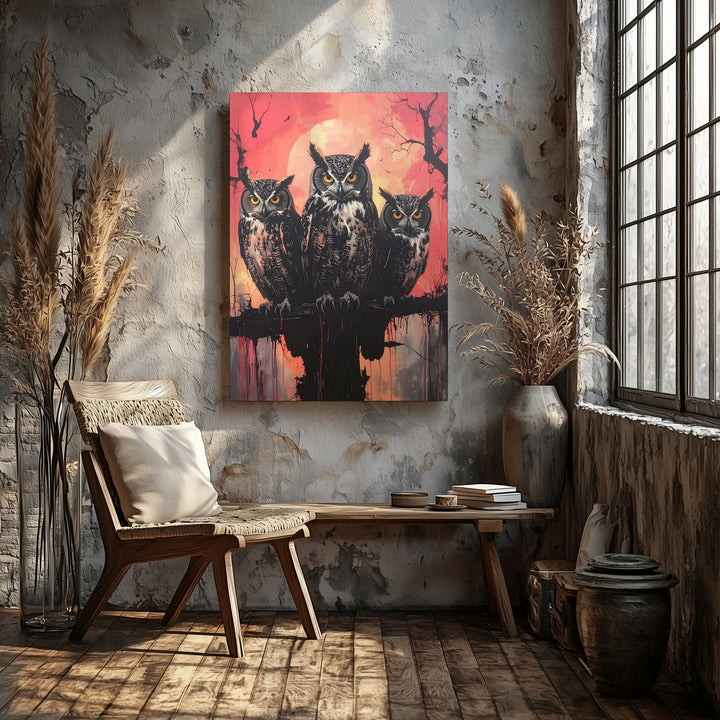 Ominous Owl Trio Canvas – Ink-Styled Haunting Halloween Wall Art - Gifitto
