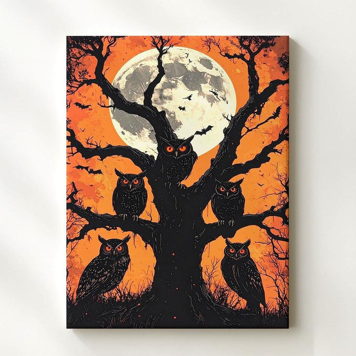 Moonlit Owl Trio Canvas – Graphic Halloween Art with Haunted Tree Silhouette - Gifitto