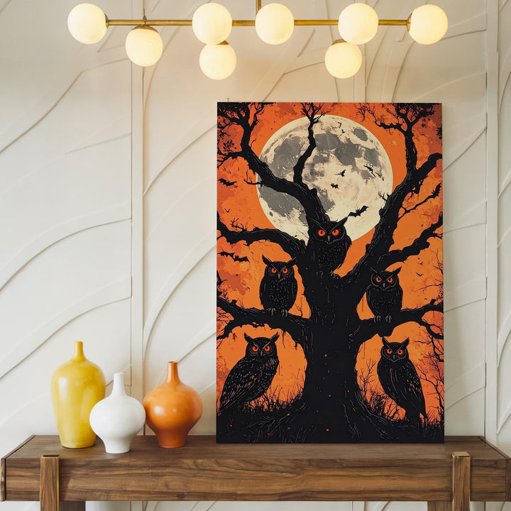 Moonlit Owl Trio Canvas – Graphic Halloween Art with Haunted Tree Silhouette - Gifitto