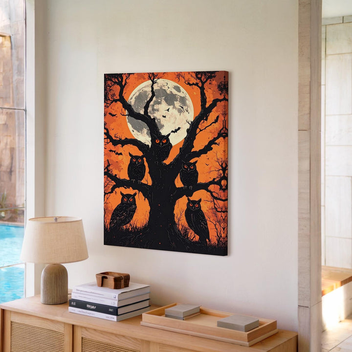 Moonlit Owl Trio Canvas – Graphic Halloween Art with Haunted Tree Silhouette - Gifitto