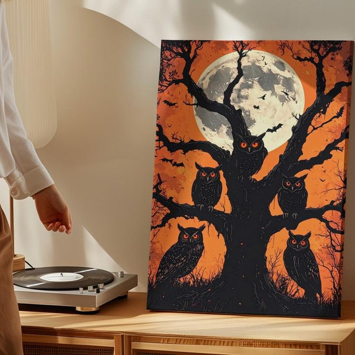Moonlit Owl Trio Canvas – Graphic Halloween Art with Haunted Tree Silhouette - Gifitto