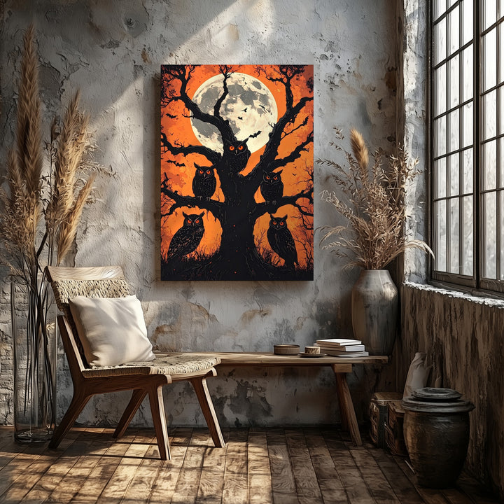 Moonlit Owl Trio Canvas – Graphic Halloween Art with Haunted Tree Silhouette - Gifitto