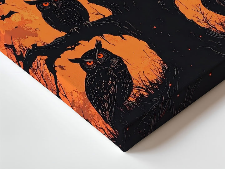 Moonlit Owl Trio Canvas – Graphic Halloween Art with Haunted Tree Silhouette - Gifitto