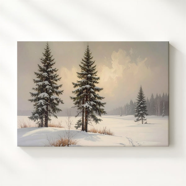 Minimalist Snowstorm Pine Canvas – Serene Winter Whiteout Landscape - Gifitto