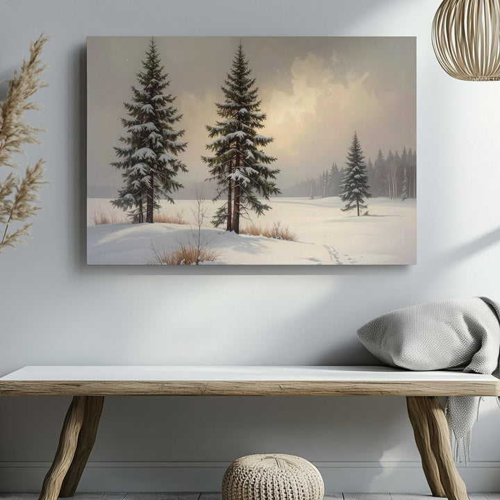 Minimalist Snowstorm Pine Canvas – Serene Winter Whiteout Landscape - Gifitto