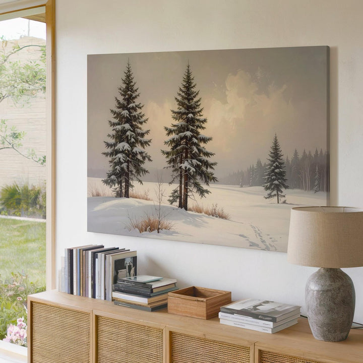 Minimalist Snowstorm Pine Canvas – Serene Winter Whiteout Landscape - Gifitto