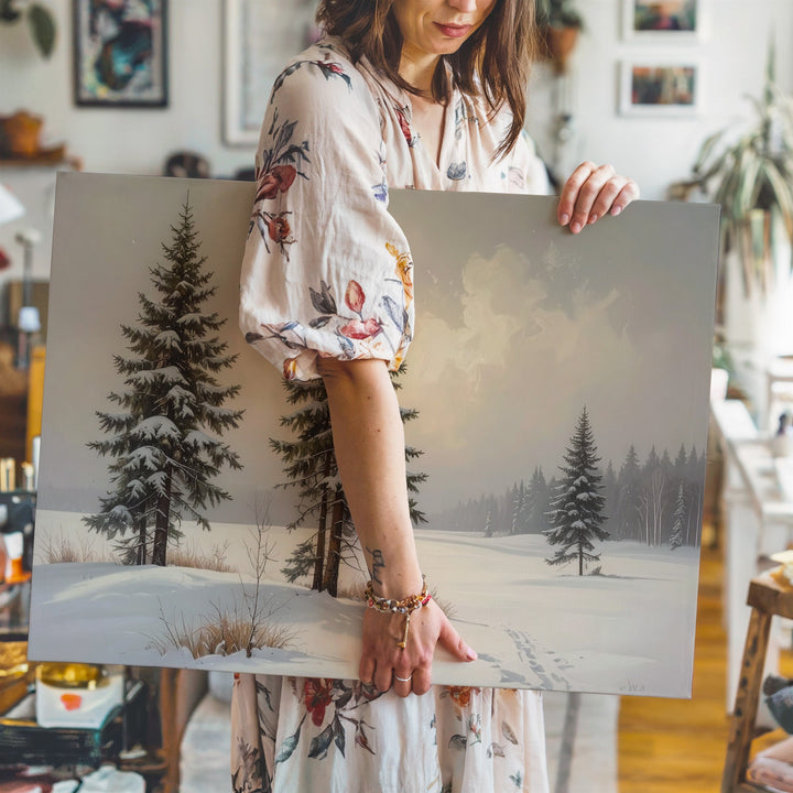 Minimalist Snowstorm Pine Canvas – Serene Winter Whiteout Landscape - Gifitto