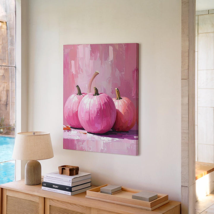 Pink Pumpkin Trio Canvas – Playful Modern Fall Wall Art - Gifitto