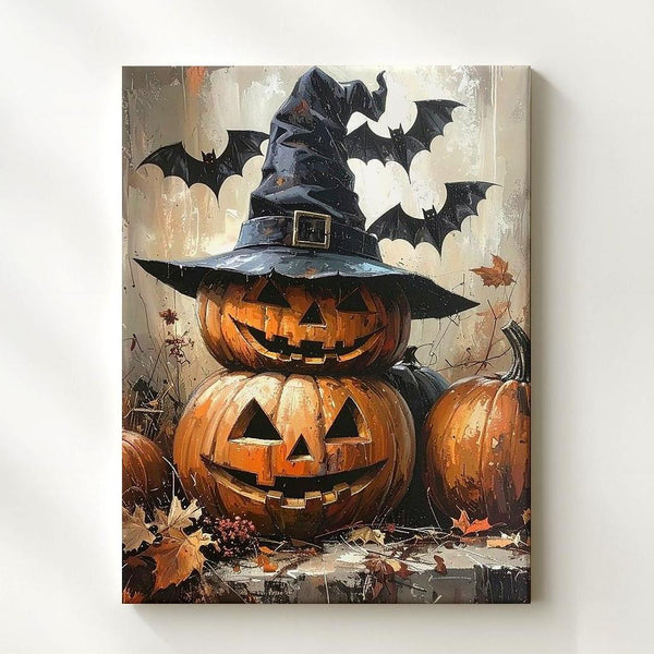 Witch Hat Pumpkin Trio Canvas – Mystical Autumn Magic Wall Art - Gifitto