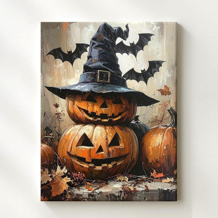 Witch Hat Pumpkin Trio Canvas – Mystical Autumn Magic Wall Art - Gifitto
