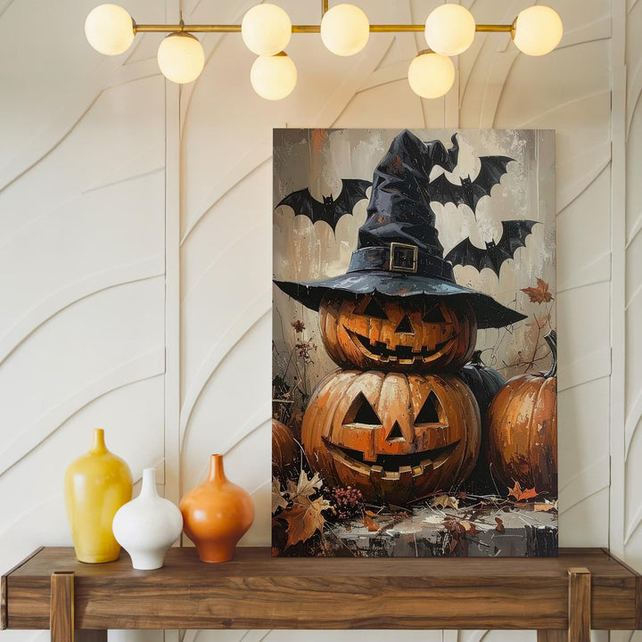 Witch Hat Pumpkin Trio Canvas – Mystical Autumn Magic Wall Art - Gifitto