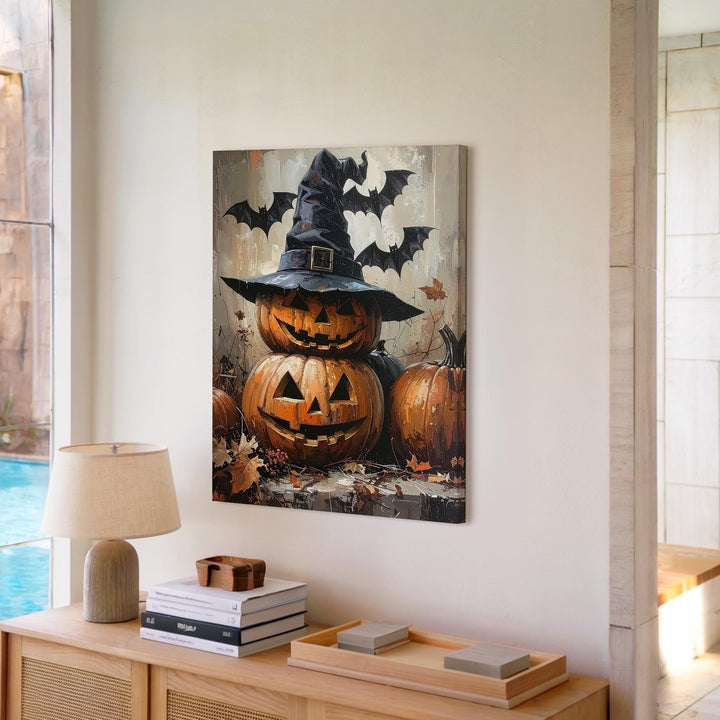 Witch Hat Pumpkin Trio Canvas – Mystical Autumn Magic Wall Art - Gifitto